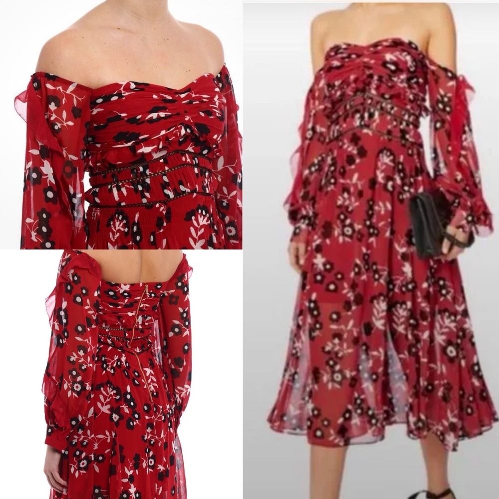 Self-Portrait Romantic Floral Off-Shoulder Red Ruffle Tiered Midi Dress Size 4 - Picture 2 of 13